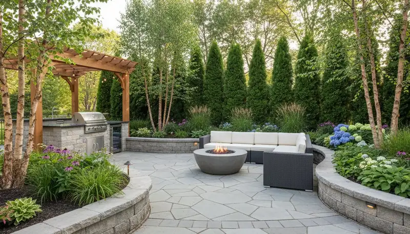 Backyard patio and landscape design with lighting and seating by Chop Chop Landscaping in Madison, WI