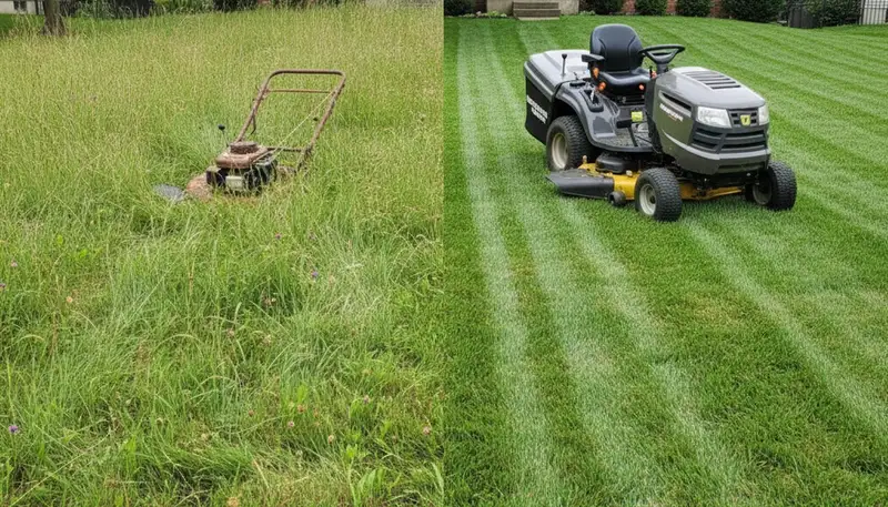 Before and after lawn mowing transformation by Chop Chop Landscaping in Madison, WI