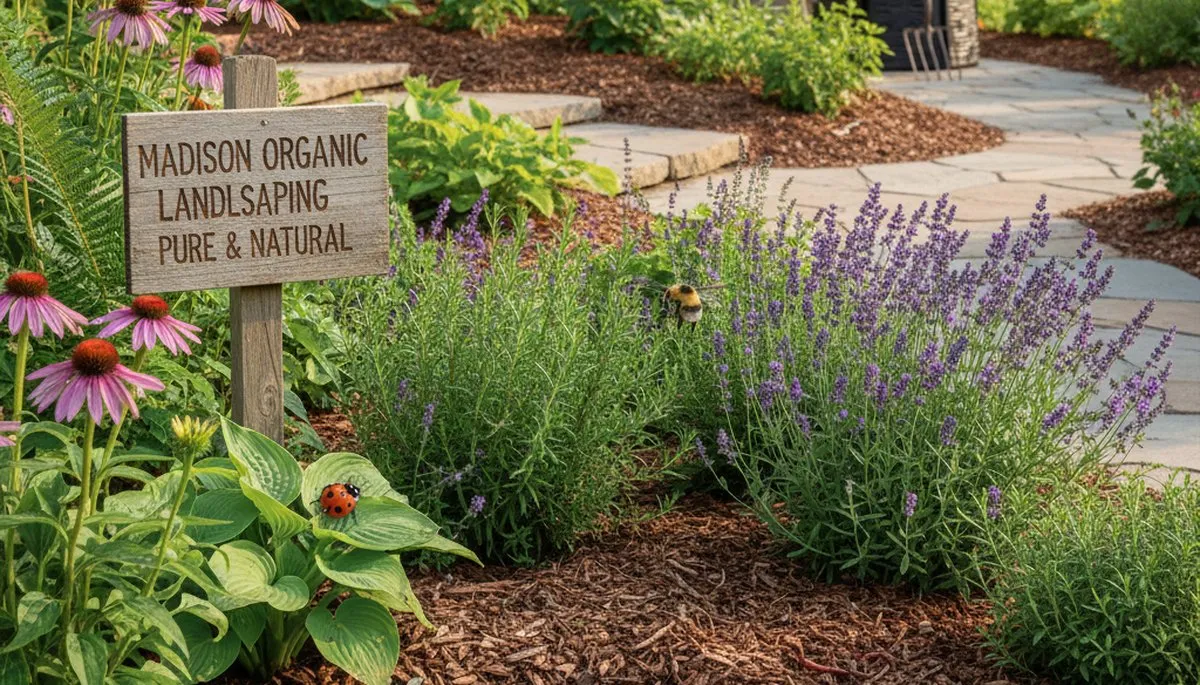 Organic landscape beds with natural mulch and native plants in Madison, WI by Chop Chop Landscaping