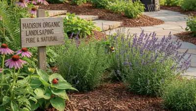 Organic landscape beds with natural mulch and native plants in Madison, WI by Chop Chop Landscaping