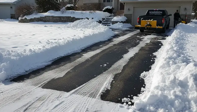 Clean residential driveway after professional snow removal by Chop Chop Landscaping in Madison, WI