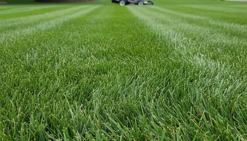 Close-up of freshly cut green grass showing precise mowing detail by lawn care pros in Madison, WI