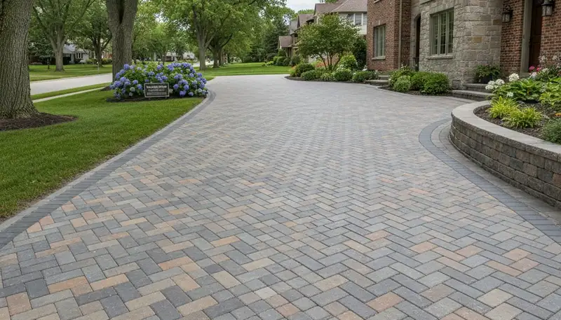 Completed interlocking paver driveway installation by professional landscapers in Madison, WI
