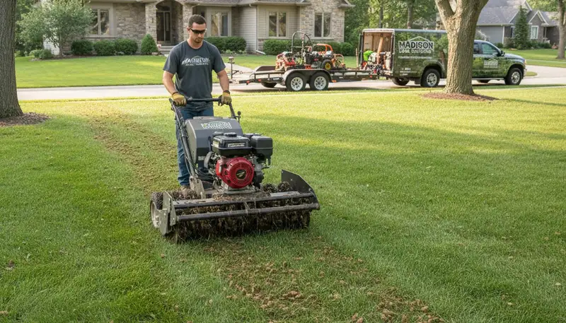 Professional lawn aeration machine operating on residential yard in Madison, WI by Chop Chop Landscaping