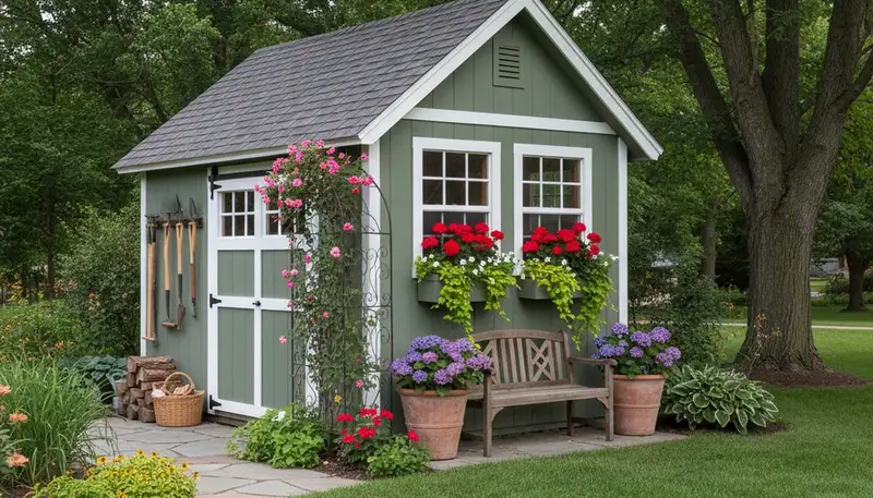 Decorative garden shed with window boxes and landscaping by Chop Chop Landscaping in Madison, WI