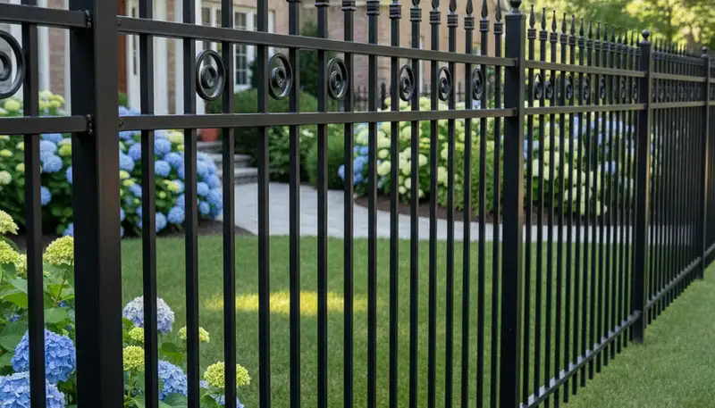 Black ornamental metal fence installation by Chop Chop Landscaping in Madison WI showcasing elegant design