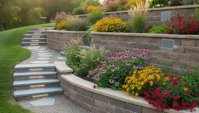 Natural stone retaining wall with tiered plantings and lighting in Mc Farland, WI landscaping design