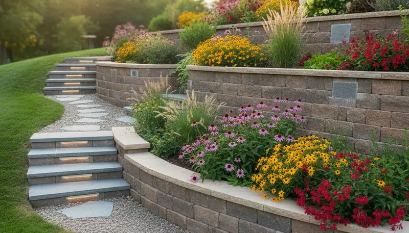 Natural stone retaining wall with tiered plantings and lighting in Mc Farland, WI landscaping design