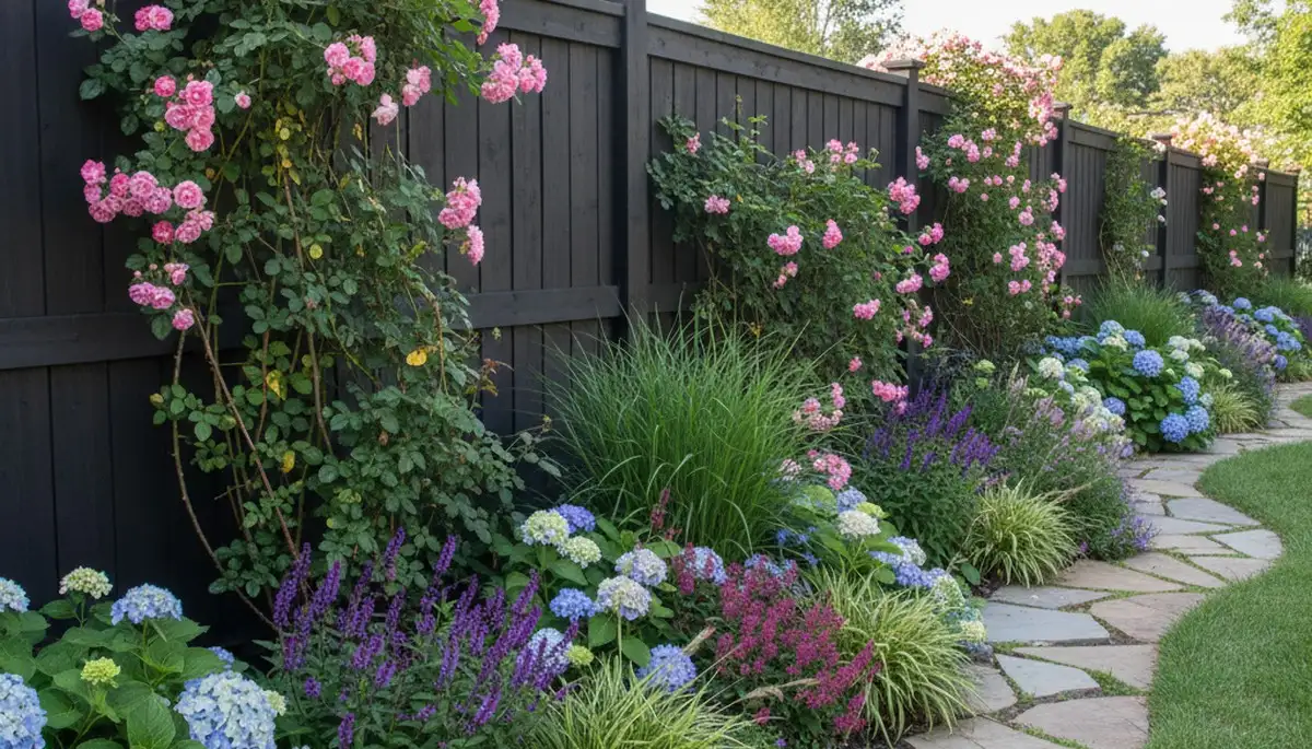 Wood fence with climbing plants and landscape beds by Chop Chop Landscaping in Madison, WI