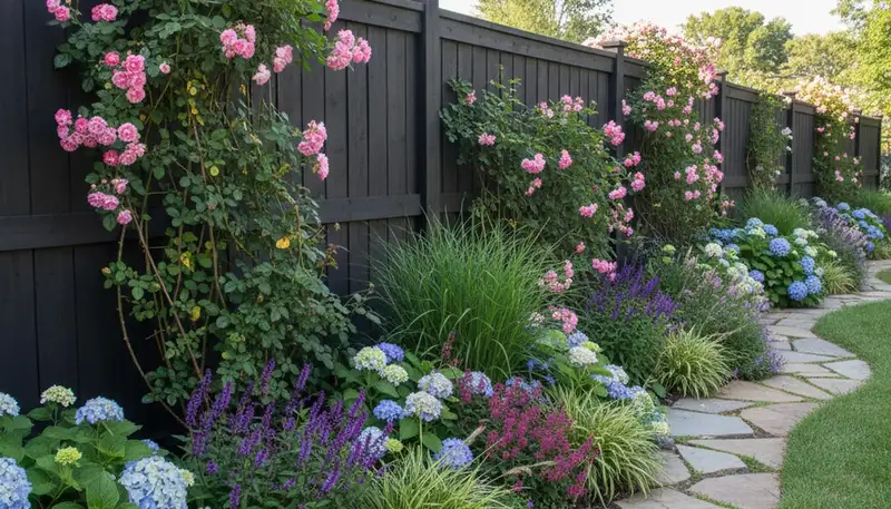 Wood fence with climbing plants and landscape beds by Chop Chop Landscaping in Madison, WI
