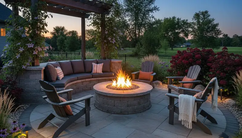 Fire pit patio with circular seating and native landscaping in Mc Farland, WI by Madison lawn service