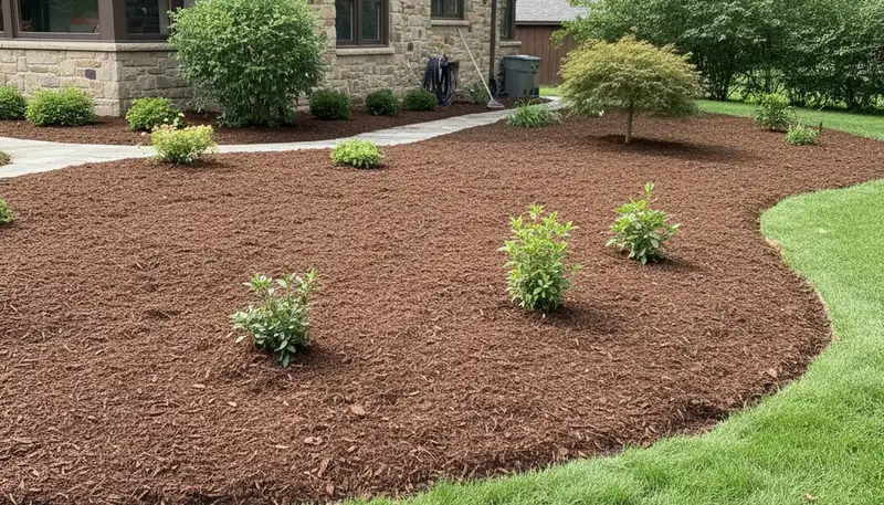 Freshly installed mulch beds with clean edges and rich color by Chop Chop Landscaping in Madison, WI