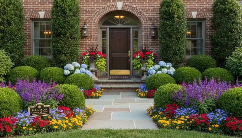 Front yard curb appeal landscape with shaped shrubs and flowers by Chop Chop Landscaping in Madison, WI