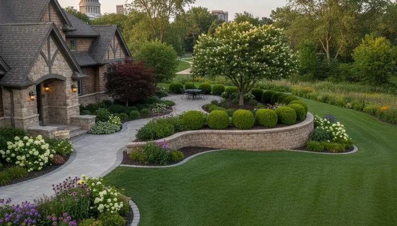 Full property landscape design with lawn, trees, and stonework by expert landscapers in Madison, WI