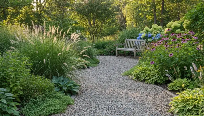 Pea gravel garden path installation with natural landscaping in Madison, WI by Chop Chop Landscaping