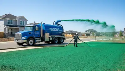 Hydroseeder truck spraying green slurry on residential lawn in Madison, WI by Chop Chop Landscaping