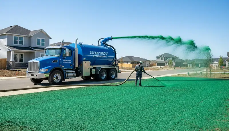 Hydroseeder truck spraying green slurry on residential lawn in Madison, WI by Chop Chop Landscaping