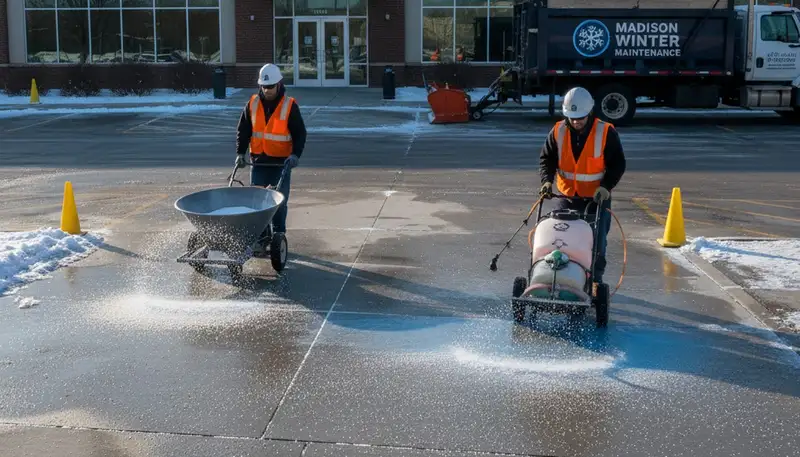 Professional de-icing and salt application for winter safety by Chop Chop Landscaping in Madison, WI