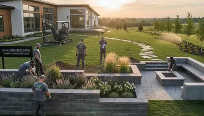 Landscaping crew providing lawn care services in Madison, WI