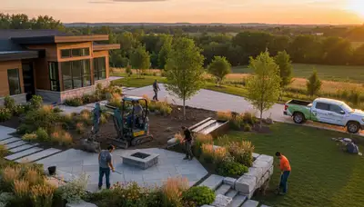 Landscaping crew providing lawn care services in Madison, WI