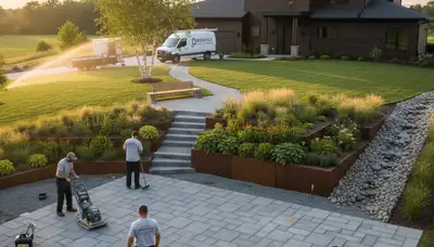 Landscaping crew providing lawn care service in Madison, WI