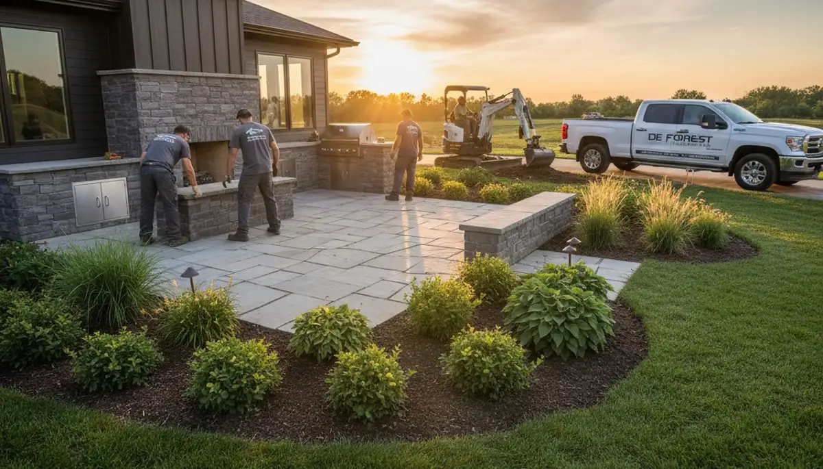 Landscaping crew providing lawn care service in Madison, WI