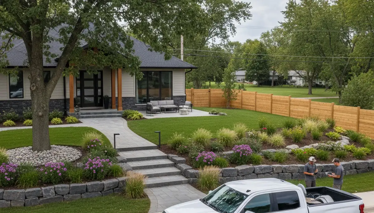 Landscaping crew providing lawn care service in Madison, WI