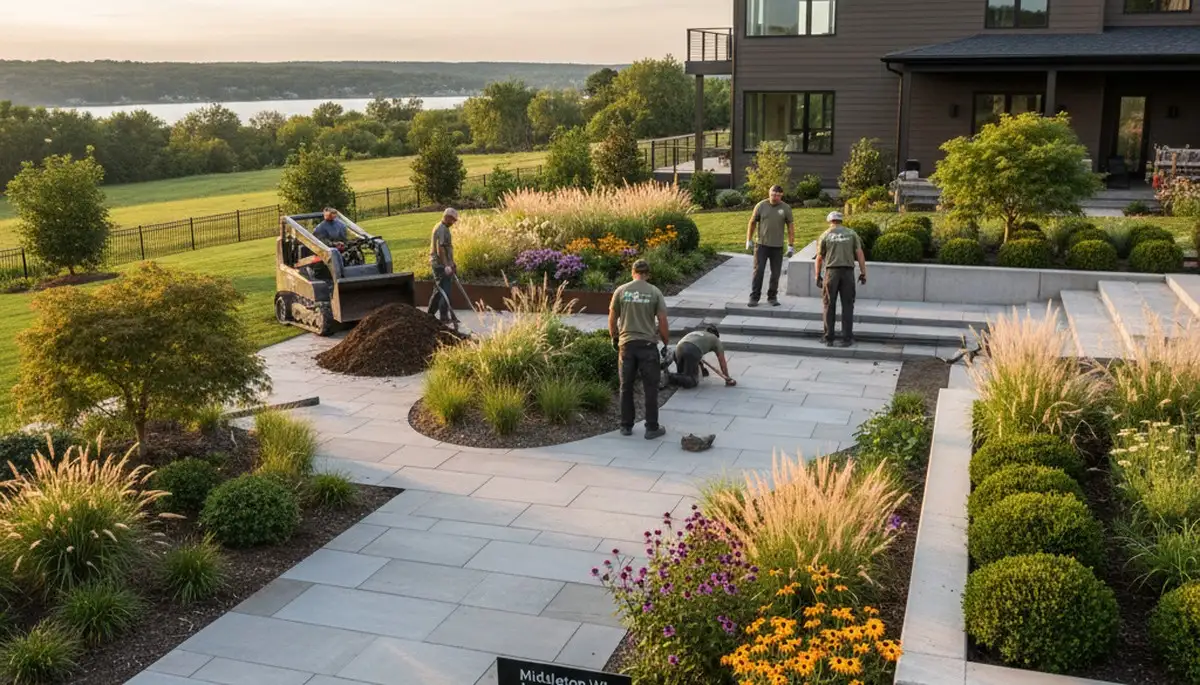 Landscaping crew providing lawn care service in Madison, WI
