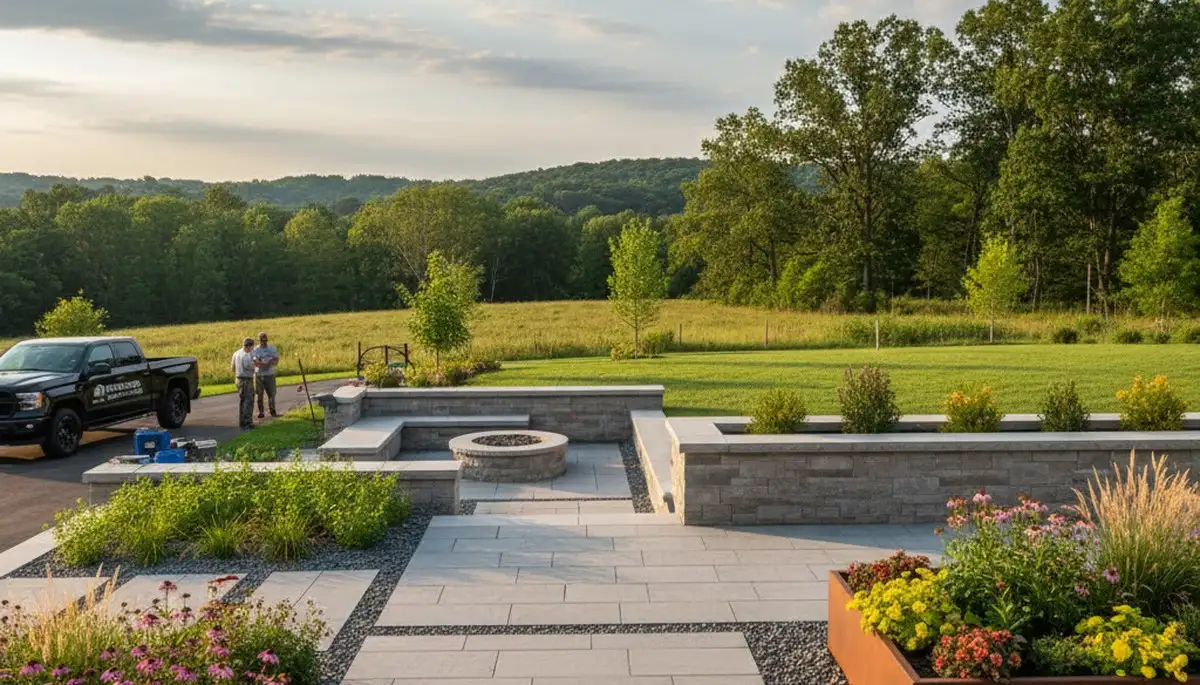 Landscaping crew servicing a residential lawn in Madison, WI