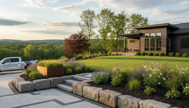 Landscaping crew providing lawn care service in Madison, WI