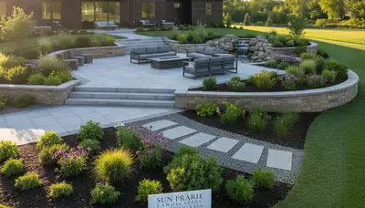 Landscaping crew servicing a Madison, WI lawn for professional lawn care and maintenance