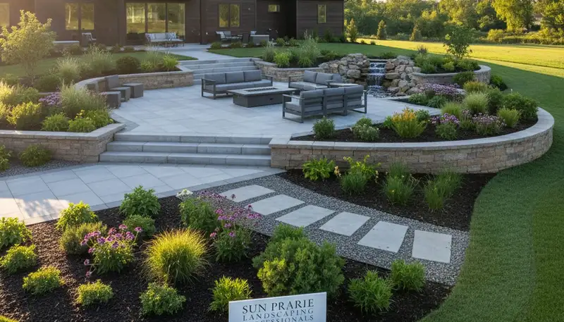 Landscaping crew servicing a Madison, WI lawn for professional lawn care and maintenance