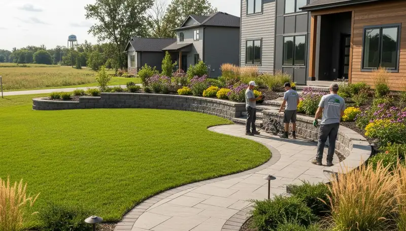 Landscaping crew providing lawn care service in Madison, WI