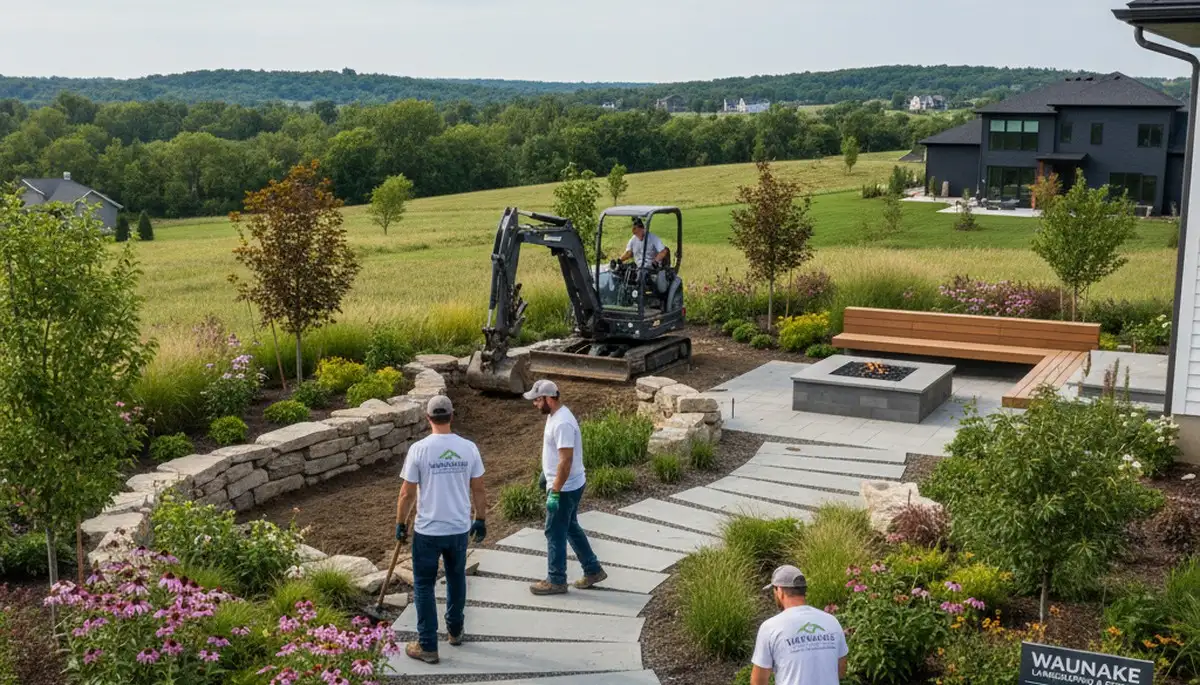 Landscaping crew providing lawn care service in Madison, WI