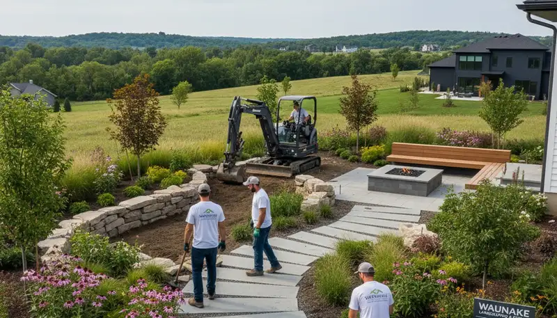 Landscaping crew providing lawn care service in Madison, WI