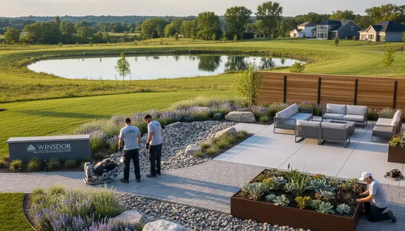 Landscaping crew servicing Madison, WI lawns for mowing, edging, and routine yard maintenance