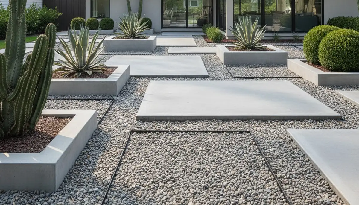 Modern pea gravel landscape with clean lines and sculpted plants in Madison, WI by Chop Chop Landscaping