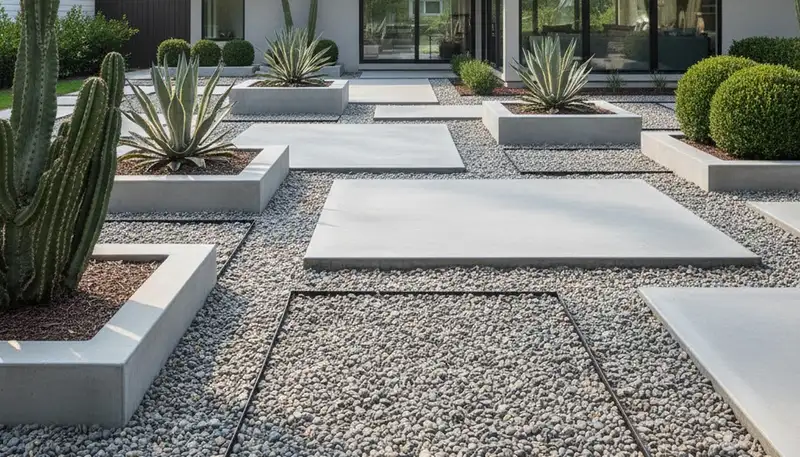 Modern pea gravel landscape with clean lines and sculpted plants in Madison, WI by Chop Chop Landscaping