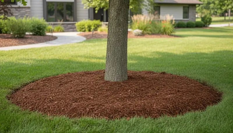 Professional circular mulch ring around tree base in Madison WI landscape by Chop Chop Landscaping