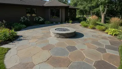 Flagstone patio with natural stone pavers installed by Madison WI landscaping experts