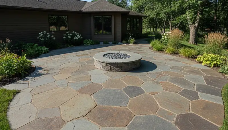 Flagstone patio with natural stone pavers installed by Madison WI landscaping experts