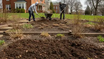 Applying organic compost and natural fertilizer to landscape beds in Madison WI for healthier soil