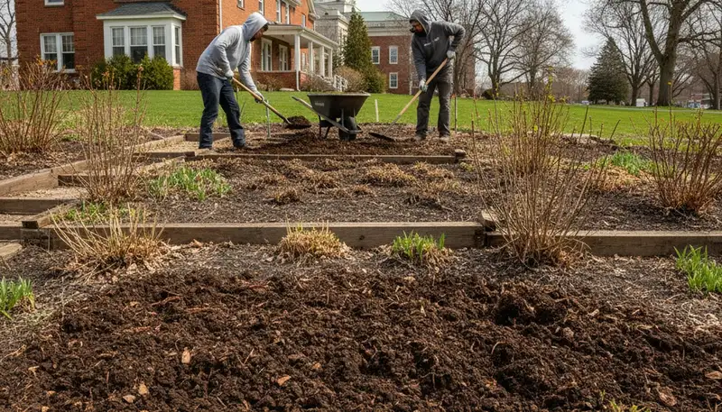 Applying organic compost and natural fertilizer to landscape beds in Madison WI for healthier soil