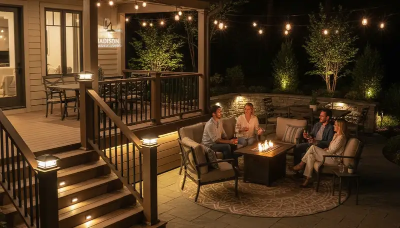 Elegant outdoor lighting on deck and patio installed by Chop Chop Landscaping in Madison, WI