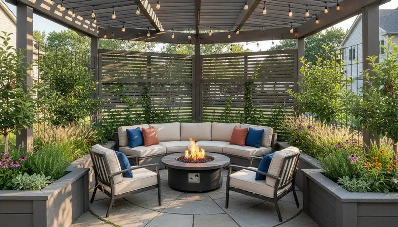 Elegant paver patio and pergola outdoor living space by Madison WI landscapers in Mc Farland backyard