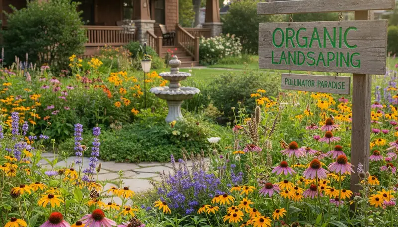 Pollinator garden with native flowers and bees in organic landscaping by Chop Chop Landscaping Madison WI