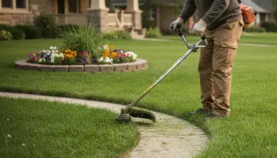 Technician performing precise string trimming for clean lawn edges in Madison, WI landscaping project