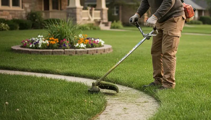 Technician performing precise string trimming for clean lawn edges in Madison, WI landscaping project