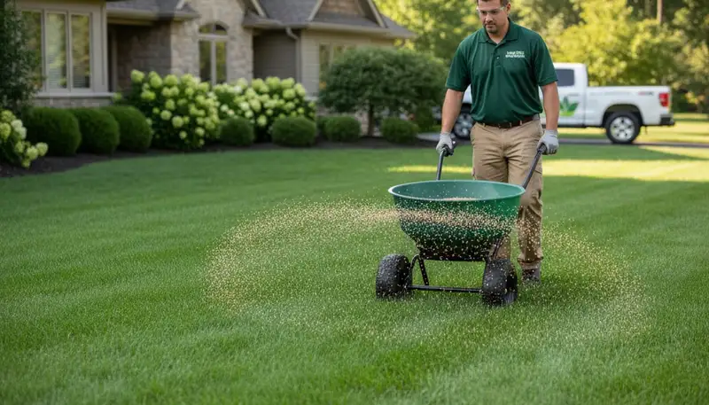 Lawn care technician applying fertilizer with spreader on green turf in Madison, WI