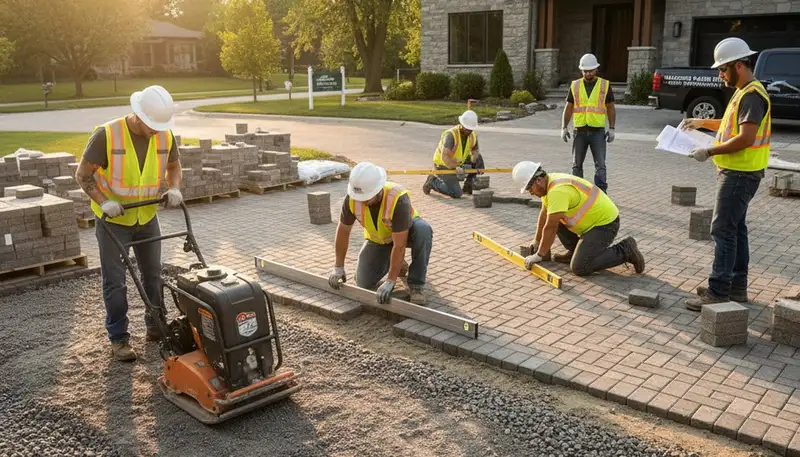 Crew installing driveway pavers with precision in Madison, WI for Chop Chop Landscaping services